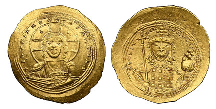 1084966 BYZANTINE.  Constantine IX. (Emperor, 1042-1055 AD). AV Histamenon Nomisma. NGC AU (About Uncirculated) Strike 4/5 Surface 4/5.  Constantinople. 27mm. 4.39gm. + IҺS XIS RЄX RЄGNANTIҺM. Christ Pantokrator seated facing on throne / + CWNSTAҺ...