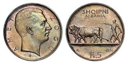 1085835 ALBANIA. Zog I. 1926-R AR Prova (Pattern) 5 Franga Ari. NGC MS64.  Rome. 37mm. 25.02gm. Head right, star below head / Man with plow left, value below. KM-PR8;  Pag-803 (R3).

Please use this link to verify the NGC certification number <a h...