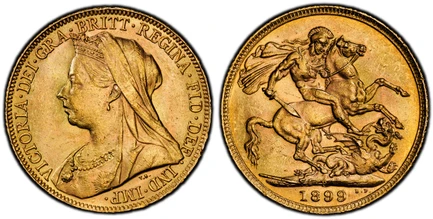 1084971 AUSTRALIA. Victoria. (Queen, 1837-1901). 1899-P AV Sovereign. PCGS MS63.  Perth. Older veiled head left / St. George slaying the dragon. KM 13; SCBC-3876; Fr.-25.

Please use this link to verify the PCGS certification number <a href="http:...