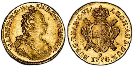 1085037 AUSTRIAN NETHERLANDS. Maria Theresa. (Holy Roman Empress, 1740-1780). 1750-(hand) R AV Souverain d'Or. PCGS Genuine - UNC Details Filed Rims.  Antwerp. 5.58gm. Crowned bust right / Crowned arms with mm and date below. KM 14; Friedberg 132;...