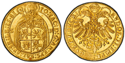 1085319 AUSTRIAN STATES. Salzburg. Johann Jakob Khuen of Belasi. (Archbishop, 1560-1586). 1581 AV 2 Ducats. PCGS MS62.  6.95gm. IOA · IA · D · G · AR · EPS · SALZ · APO · SE · LE ·. Standing figure of saint, holding salt cellar and crozier, behind...