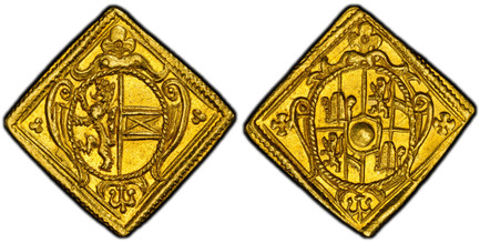 1085323 AUSTRIAN STATES. Salzburg. Wolfgang Dietrich of Raitenau. (Archbishop, 1587-1612). (1587-1612) ND AV Klippe Ducat or "Rechenpfennig". PCGS MS62.  3.51gm. Oval shield of arms / Oval shield of Salzburg arms. Fr.-664; Probszt 899; Zöttl 913 (...
