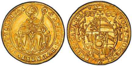 1085321 AUSTRIAN STATES. Salzburg. Wolfgang Dietrich of Raitenau. (Archbishop, 0. 1604 AV 2 Ducats. PCGS MS61.  6.96gm. WOLF · TEOD · D.G · AREPS · SAL · A:S ·L:. Oval 6-fold arms with central shield of Raitenau, legate's hat above / SANCTVS · RVD...
