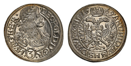 1085357 AUSTRIA. Leopold I. 1669 SHS AR 3 Kreuzer. NGC MS66.  Breslau. LEOPOLDVS · D · G · R · I · .... Bust right in inner circle / Crowned double-headed eagle in inner circle. KM 1169; Herinek 1538.

Currently the finest known at NGC as of March...