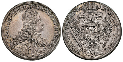 1085943 AUSTRIA. Karl (Charles) VI. 1721 AR Thaler. NGC MS61.  Hall. 42.8mm. 28.75gm. CAROLUS · VI · D: G: ROM: IMP: S: A: G: HI: HU: B: REX ·. Legend begins at lower left / ARCHID: AUST: DUX · BU: COM: TYROL:. Legend divided by large crowned impe...