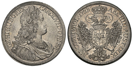 1085944 AUSTRIA. Karl (Charles) VI. 1728 AR Thaler. NGC AU58.  Hall. 43.1mm. 28.49gm. CAROL · VI · D · G · R · I · S · A · GE · HI · HU · BO · REX ·. Legend begins at upper right / ARCHID · AUST · DUX · BU · COM · TYROL ·. Curve-sided shield. KM 1...