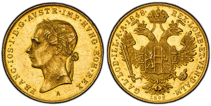 1085431 AUSTRIA. Franz Joseph I. (Emperor, 1848-1916). 1848/1898-A AV Ducat. PCGS MS62.  Vienna. 3.49gm. Laureate head left / Second date below eagle. KM 2268; Fr.-489; Herinek 71.

For the Jubilee upon his 50th year of Reign.

Please use this lin...