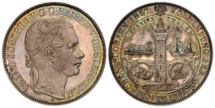 1085349 AUSTRIA. Franz Joseph I. (Emperor, 1848-1916). 1857-A AR 2 Thaler. NGC PR62.  By Carl Radnitzky. Vienna. FRANZ JOSEPH I V G G KAISER V OESTERREICH. Laureate head right; wreath tips point between "KA" of "KAISER" / VOLLENDUNG DER OESTERREIC...
