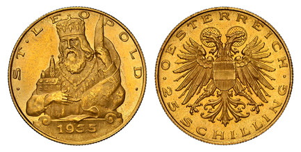 1085433 AUSTRIA. 1935 AV 25 Schilling. NGC PL63 (Prooflike).  5.88gm. Haloed double eagle with Austrian shield on breast, value below / Half figure of St. Leopold, facing 3/4 forward, date at bottom. KM 2856; Fr.-524; Herinek 25.

Please use this ...