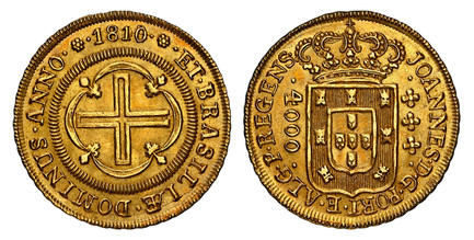 1083757 BRAZIL. Joao. 1810/09 AV 4000 Reis. NGC MS63.  Rio de Janeiro. 7.52gm. JOANNES. D. G.. Large crown above arms / Dots on either side of date. KM 235.1; Fr.-95; Gomes JR 34.09; Schl.-268; Mald.-314.12.

Please use this link to verify the NGC...