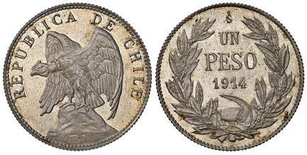 1085467 CHILE. 1914-So AR Pattern Peso. NGC MS64.  Santiago. Condor surmounted on rock, left / Denomination and date within wreath; hammer and sickle below. KM Pn26. Proof.

KM notes this issue as proof but NGC has designated as MS (prooflike surf...