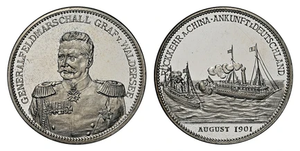 1084427 CHINA. Germany - Empire. Alfred von Waldersee. (Field Marshal, ) . 1901 AR Medal. NGC PR63UCAM (Ultra Cameo).  By the Lauer workshop, Nürnberg. Edge: SILBER 990. 32mm. 17.70gm. Uniformed half-length facing portrait of Count Waldersee / The...