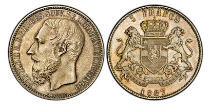 1084805 CONGO FREE STATE. Leopold II. (King, 1885-1908). 1887 AR 5 Francs. PCGS MS66.  By C. Wiener. LEOPOLD II R. D. BELGES... Head left / TRAVAIL ET PROGRES. Crowned arms with supporters; inscribed banner and date below. KM 8.2.

Please use this...