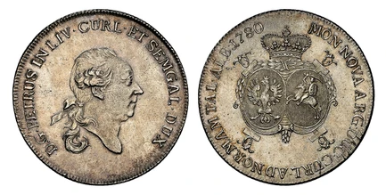 1085994 POLAND. Courland. Peter Biron. 1780 AR Thaler. NGC MS60.  D · G · PETRUS IN LIV · CURL · ET SEMGAL · DUX. Head right / MON · NOVA · ARG · DUC · CURL · ... Two crowned shields of arms. KM 32; Dav.-1624; Kopicki 4104;Neumann 334.

Please use...