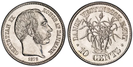 1086176 DANISH WEST INDIES. Christian IX. (King, 1863-1906). 1878-(h) AR 10 Cents. PCGS MS65.  Copenhagen. Head right / Leafy plant. KM 70.

Please use this link to verify the PCGS certification number <a href="http://www.pcgs.com/cert/61884725/">...