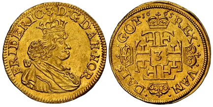 1086369 DENMARK. Frederik III. (King, 1648-167). 1665 AV Ducat. NGC MS62.  Copenhagen. 24mm. 3.48gm. Crowned bust, right; legend clockwise from lower left / Crowned cruciform Fs around central number "3". KM 265.2. Rare; Fr.-101; Schou 7; Hede 24B...
