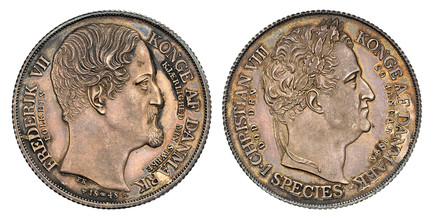 1086472 DENMARK. Frederik VII. 1848 FK//VS AR Speciedaler. NGC PR63.  Copenhagen. Head right / Head right. KM 742; Dav.-75.

On the death of Christian VIII and the Accession of Frederik VII. Currently the finest known at NGC as of February 2026

P...
