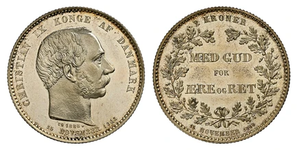 1085903 DENMARK. Christian IX. 1888-(h) HC/CS AR 2 Kroner. NGC MS67PL (Prooflike).  Copenhagen. Head right / King's motto within wreath. KM 799; Sieg 1.

25th Anniversary of Reign. Currently the finest known at NGC as of November 2025. Fully proof...