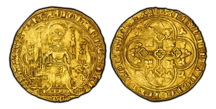 1084809 FRANCE. Jean II Le Bon. (King, 1350-1364). (1350-64) AV Ecu d'Or. PCGS MS61.  28.5mm. 4.45gm. + IOHANNES: DEI - °GRA° - FRANCORVM: REX. King seated in a Gothic throne, crowned, wearing a hauberk and coat of arms, holding the sword and the ...