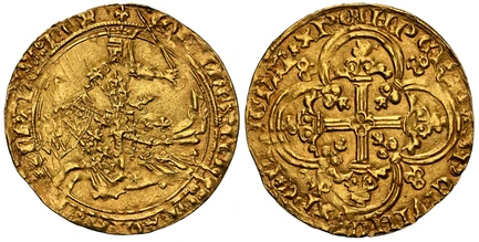 1086100 FRANCE. Jean II Le Bon. (King, 1350-1364). (1350-64) ND AV Franc a Cheval. NGC MS63.  3.87gm. Armored crowned King holding sword and mounted on galloping horse, right  / Floriated cross in quadrilobe. Fr.-279; Duplessy 294; Ciani 361.

Aut...