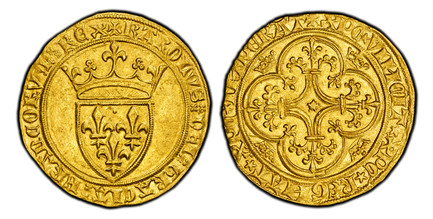 1084812 FRANCE. Charles VI. (King, 1380-1422). (1380-1422) ND AV Ecu d'Or. PCGS MS63.  (Uncertain mint). 3.94gm. + KAROLVS DEI GRACIA FRANCORVM REX. Crowned coat-of-arms / + XPS VINCIT XPS REGNAT XPS IMPERAT. Cross fleurée, with star in center and...