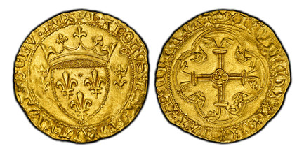 1084827 FRANCE. Charles VII. (King, 1422-61). (1422-61)-(crown over pellet) AV Ecu d'Or. PCGS MS62.  Toulouse. 28.5mm. 3.38gm. KAROLVS: DEI: GRACIA: FRANCORV: REX. Crowned French coat-of-arms, between two crowned lilies; annulet below "L" of CAROL...