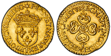 1084926 FRANCE. Louis XIII. 1615-B AV Ecu d'Or. PCGS MS62.  Rouen. 3.36gm. (mm) FRAN • ET • NAVA • REX • ... Crowned shiled of arms, six-pointed star (sun) in legend above / + CHRISTVS •  REGNAT • VINCIT • ET... Ornate cross of entwined heart-shap...