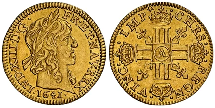 1084829 FRANCE. Louis XIII. 1641-A AV 1/2 Louis d'Or. NGC MS62.  Paris. 20mm. 3.32gm.  LVD. XIII. D. G. - FR. ET. NAV. REX. Laureate bust with long curl, right; date below truncation / .CHRS. - .REGN. - .VINC. - .IMP*. Crowned LL's form a cross; a...