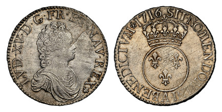 1084832 FRANCE. Louis XV. (King, 1715-1774). 1716-A AR Ecu. NGC MS64.  Paris. 41mm. LVD · XV · D · G · FR · ET · NAV · REX *. Draped young bust right / SIT NOMEN DOMINI BENEDICTUM. Crowned round arms of France. KM 414.1; Dav.-1326; Duplessy 1651: ...