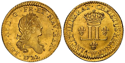 1084835 FRANCE. Louis XV. (King, 1715-1774). 1722-W AV Louis d'Or. NGC MS62.  Lille. LUD · XV · D · G · FR · ET · NAV · REX ·. Laureate head right / CHRISTUS  REGNAT  VINCIT  IMPERAT. Crowned double L monogram with 3 fleur-de-lis. KM 461.17; Duple...