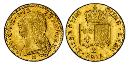 1084839 FRANCE. Louis XVI. 1786-K (door) AV 2 Louis d'Or. PCGS AU58.  By B. Duvivier. Bordeaux. 29mm. 15.26gm. LUD · XVI · D · G · FR · ET NAV · REX ·. Head left / CHRS · REGN · VINC · IMP ... Crowned arms of France and Navarre in shields. KM 592....