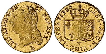 1086186 FRANCE. Louis XVI. 1786-T (dog) AV Louis d'Or. NGC MS64.  Nantes. LUD · XVI · D · G · FR · ET NAV · REX ·. Head left / CHRS · REGN · VINC · IMPER. Crowned arms of France and Navarre in shields. KM 591.14; Duplessy 1707; Fr.-475; Gadoury 36...