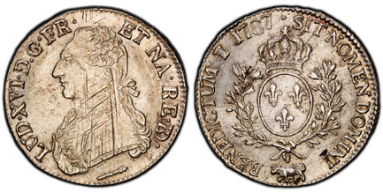 1085967 FRANCE. Louis XVI. 1787-(cow) (p) AR Ecu. PCGS MS62.  By Pierre-Benjamin Duvivier. Pau. Edge: DOMINE SALVUM FAC REGEM. 41.5mm. 29.45gm. ....RE.BD. (ligate BD). Uniformed bust left / SIT NOMEN DOMINI BENEDICTUM. Crowned arms of France withi...