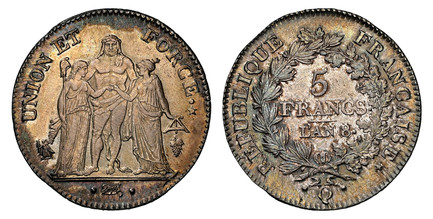 1084846 FRANCE. Premier Consul. (1799-1804). L'An 8 (1799-1800)-Q AR 5 Francs. NGC MS64.  Perpignan Mint. Edge: GARANTIE NATIONALE. 37mm. UNION ET FORCE. Hercules group / REPUBLIQUE FRANCAISE. Value within oak wreath. KM 639.1; Gad.-539; VG-2563a;...