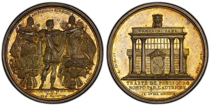 1085403 FRANCE. 1809 AR Medal. PCGS SP65.  By B. Andrieu
. 40.6mm. 36.40gm. Napoleon in classical regalia standing between two victory standards / Temple of Janus with a broken door. Bramsen 844; Zeitz 98; Slg. Julius 2077.

On the breaking of the...