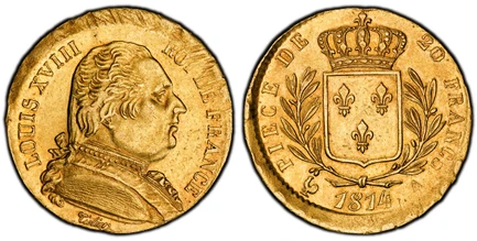 1085407 FRANCE. Louis XVIII. 1814-A AV 20 Francs. PCGS AU58 Mint Error.  By Tiolier. Paris. LOUIS XVIII ROI DE FRANCE. Uniformed bust right / Crowned arms within wreath. KM 706.1; Fr.-525; Gad.-1026; F.-517.

Broadstruck

Please use this link to v...