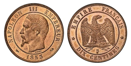 1084859 FRANCE. Napoleon III. (Emperor, 1842-1870). 1853-B AE 10 Centimes. NGC MS65RB (Red-Brown).  Rouen. 30mm. 10.03gm. NAPOLEON III EMPEREUR. Head left / EMPIRE FRANCAIS. Eagle. KM 771.2; Gad.-248; F-.133.

Please use this link to verify the NG...