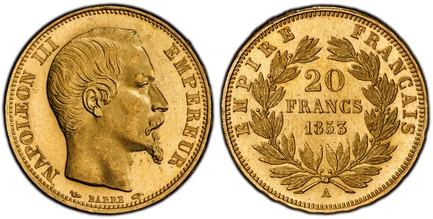 1084981 FRANCE. Napoleon III. (Emperor, 1842-1870). 1853-A AV 20 Francs. PCGS MS65.  By Barre. Paris. Edge: Raised lettering. 6.45gm. NAPOLEON III EMPEREUR. Head right / EMPIRE FRANCAIS. Denomination within wreath. KM 781.1; Gad.-1061.

Please use...