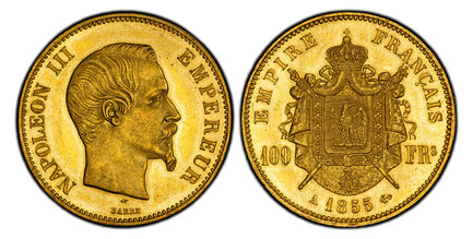 1084852 FRANCE. Napoleon III. (Emperor, 1842-1870). 1855-A AV 100 Francs. PCGS MS63.  Paris. 35mm. NAPOLEON III EMPEREUR. Head right / EMPIRE FRANCAIS. Crowned and mantled arms divide denomination. KM 786.1; Fr.-569; Gad.-1135; F.-550.

Please use...
