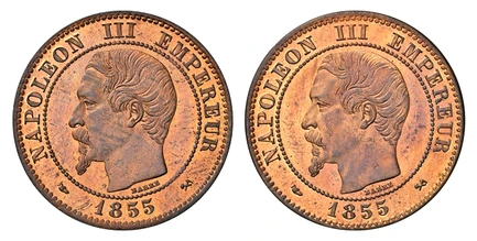 1086190 FRANCE. Napoleon III. (Emperor, 1852-1870). 1855 (a) Bronze Essai 2 Centimes. NGC MS65RB (Red-Brown).  By Barre. Paris. NAPOLEON III EMPEREUR (date). Head within circle left / NAPOLEON III EMPEREUR (date). Head within circle left. Mazard 1...