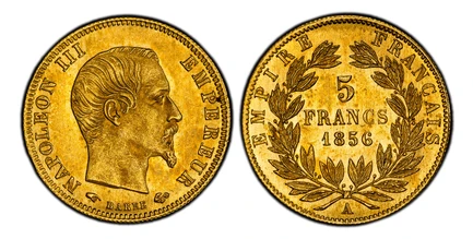 1084858 FRANCE. Napoleon III. (Emperor, 1842-1870). 1856-A AV 5 Francs. PCGS MS66.  Paris. 16.7mm. Head right / Denomination within wreath. KM 787.1; Fr.-578a; Gad.-1001; F.-501.

Please use this link to verify the PCGS certification number <a hre...