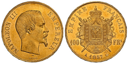 1084854 FRANCE. Napoleon III. (Emperor, 1842-1870). 1857-A AV 100 Francs. NGC MS63.  Paris. 35mm. 32.26gm. NAPOLEON III EMPEREUR. Head right / EMPIRE FRANCAIS. Crowned and mantled arms divide denomination. KM 786.1; Fr.-569; Gad.-1135; F.-550.

Pl...