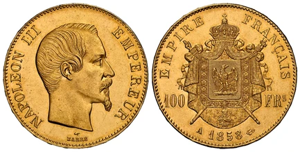 1084855 FRANCE. Napoleon III. (Emperor, 1842-1870). 1858-A AV 100 Francs. NGC MS63.  Paris. 35mm. 32.23gm. NAPOLEON III EMPEREUR. Head right / EMPIRE FRANCAIS. Crowned and mantled arms divide denomination. KM 786.1; Fr.-569; Gad.-1135: F.-550.

Pl...