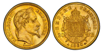 1084861 FRANCE. Napoleon III. (Emperor, 1842-1870). 1864-A AV 20 Francs. PCGS MS64.  Paris. 21mm. NAPOLEON III EMPEREUR. Laureate head right / EMPIRE FRANCAIS. Crowned and mantled arms divide denomination. KM 801.1; Fr.-585; Gad.-1062; F-532 .

Pl...