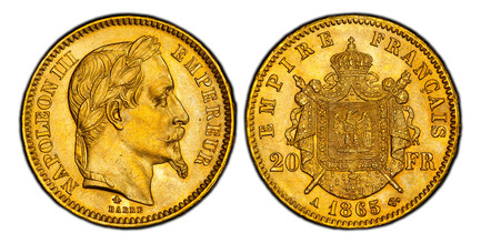 1084862 FRANCE. Napoleon III. (Emperor, 1842-1870). 1865-A AV 20 Francs. PCGS MS64+.  Paris. 21mm. NAPOLEON III EMPEREUR. Laureate head right / EMPIRE FRANCAIS. Crowned and mantled arms divide denomination. KM 801.1; Fr.-585; Gad.-1062; F.-532.

P...
