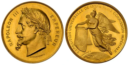 1084864 FRANCE. Napoleon III. (Emperor, 1842-1870). 1867 AV & Bronzed CU Two Piece Medal Set (Gold Medal of 8 Ducats Weight). NGC MS66-MS65BN (Brown).  By H. Ponscarme. Edge: Bee hallmark and OR (gold) and Bee and CUIVRE. 37mm & 68mm. 28.5g & 160....