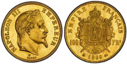1085409 FRANCE. Napoleon III. 1869-BB AV 100 Francs. PCGS MS63.  Strasbourg. NAPOLEON III EMPEREUR. Laureate head right / EMPIRE FRANCAIS. Crowned and mantled arms divide denomination. KM 802.2; Fr.-580; Gad.-1136; Schl. 321.

From a reported mint...