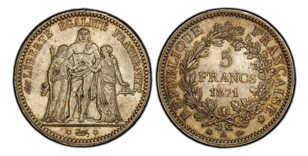 1084865 FRANCE. 1871-A (bee)  (anchor) AR 5 Francs. PCGS MS65.  Paris. Edge: DIEU PROTEGE LA FRANCE. Hercules group / Denomination within wreath. KM 823; Dav.-92; Gad.-745; F-334.

Please use this link to verify the PCGS certification number <a hr...