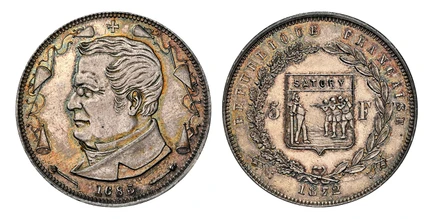 1084868 FRANCE. Third Republic. (1871-1940). 1872 AR Medallic 5 Francs. NGC MS63.  By Würden. Brussels. Edge: Plain. 37.8mm. 25.3gm. Bust of President Adolphe Thiers, left; cross above and date 1685 flanked by torches below and extinguisheres in t...