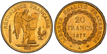 1085889 FRANCE. 1877-A AV 20 Francs. PCGS MS65.  Paris. Standing Genius writing the Constitution, rooster at right, fasces at left / Denomination above date within circular wreath. KM 825; Fr.-592; F.-533; Gad. 1073.

Please use this link to verif...